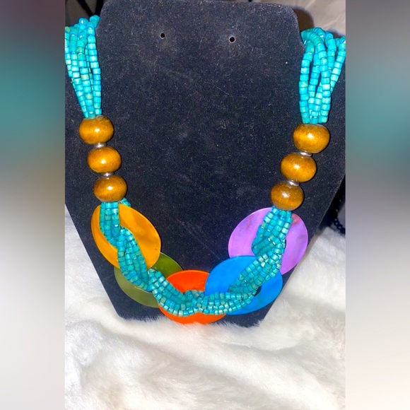 🌺🌸🌼Collar Necklace & Clip Blue Twisted Wood Bead Abalone Disc - Picture 5 of 6